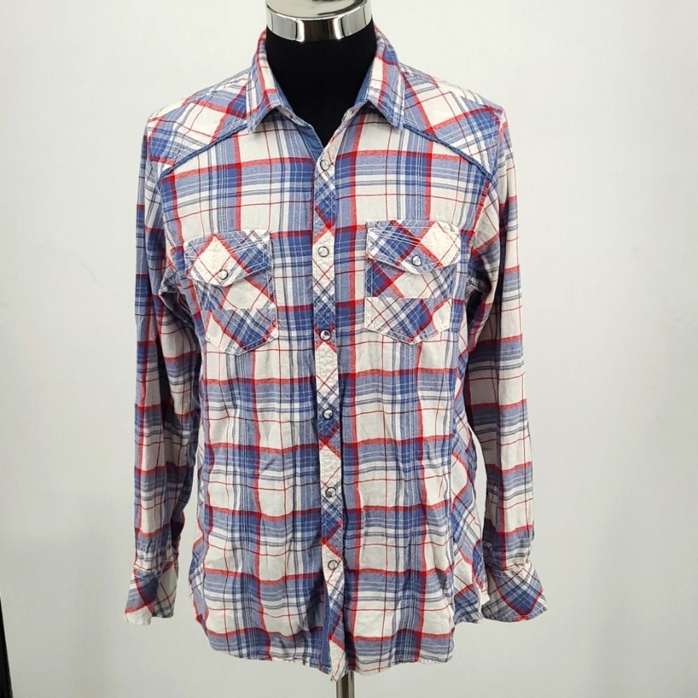 BKE Standard FitLg Sleeve Red/White/Blue Plaid Snap Button Down Shirt Men's Sz M